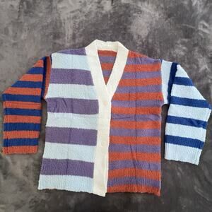 Striped Colorful Knit Cardigan Sweater Button V-Neck Blue Orange Purple S Women